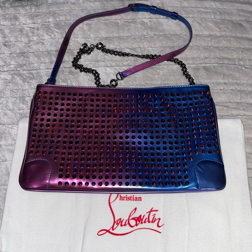 Christian Louboutin preloved clutch great condition color blue n purple studs - Picture 1 of 12
